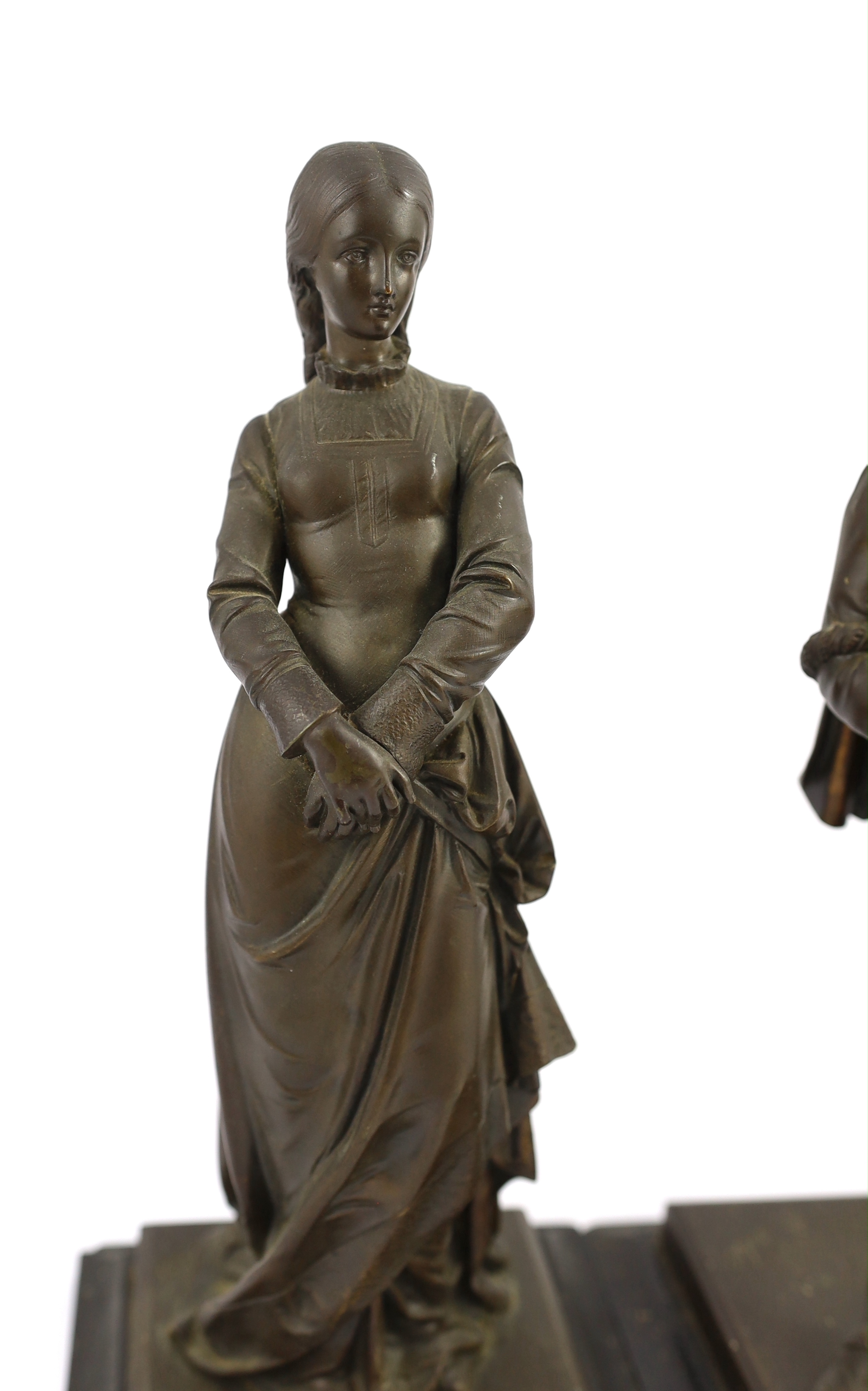 Paul Dubois (French, 1829-1905). A pair of bronze figures of a Medieval maiden and a troubadour 34cm high